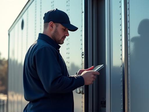 Close up of professional driver checking the digital refrigeration unit with a tablet.