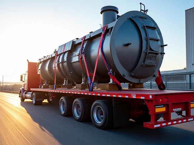 Flatbed truck hauling industrial machinery